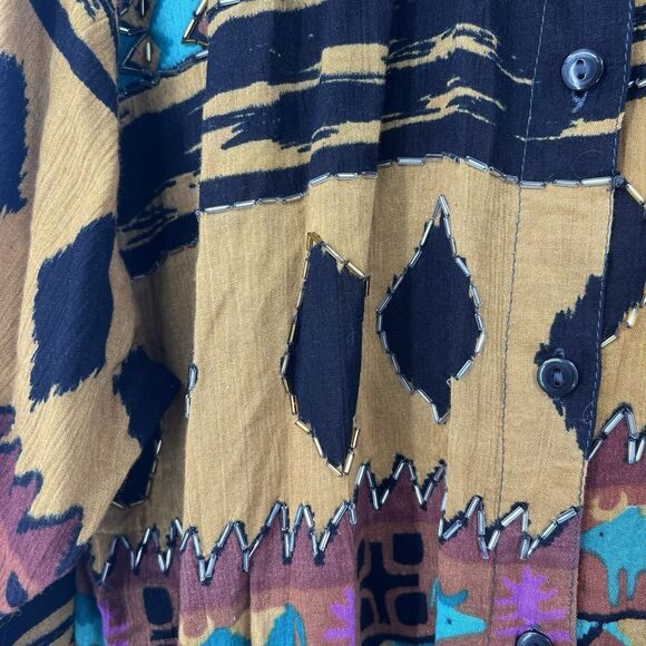 VTG Jane Ashley Gauze Top Blouse Button 3/4 Sleeves Beaded Western Aztec Artwear - Picture 12 of 15